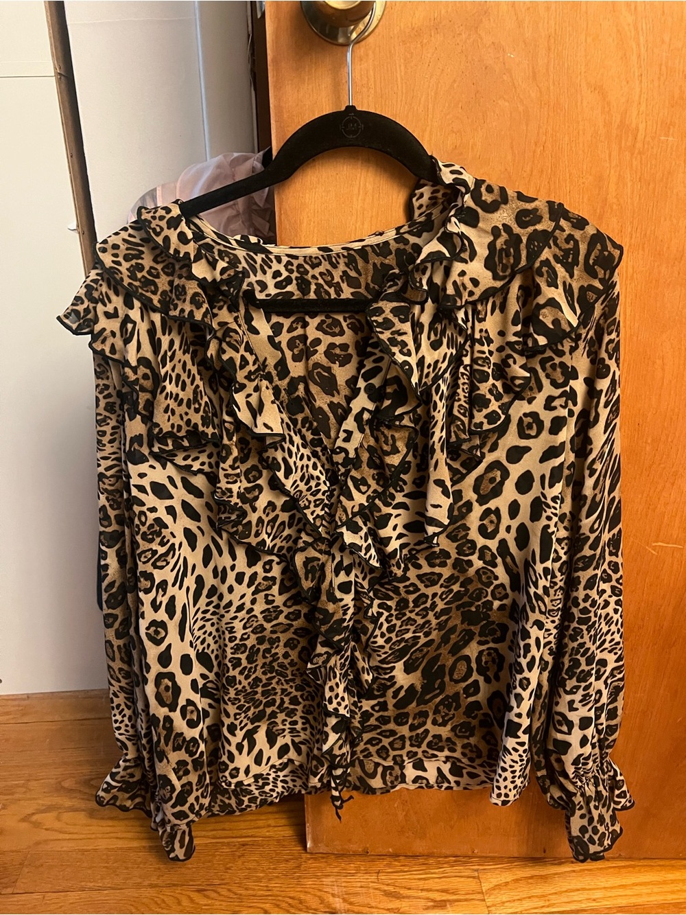 Leopard Ruffle V-Neck Blouse - Tan/Black